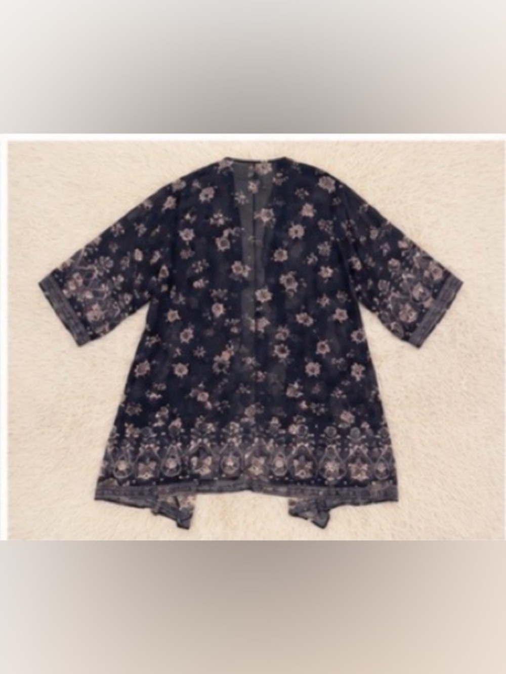 Band of Gypsies Navy Floral Kimono Cardigan Boho Open Front Cover Up Medium - Picture 6 of 7